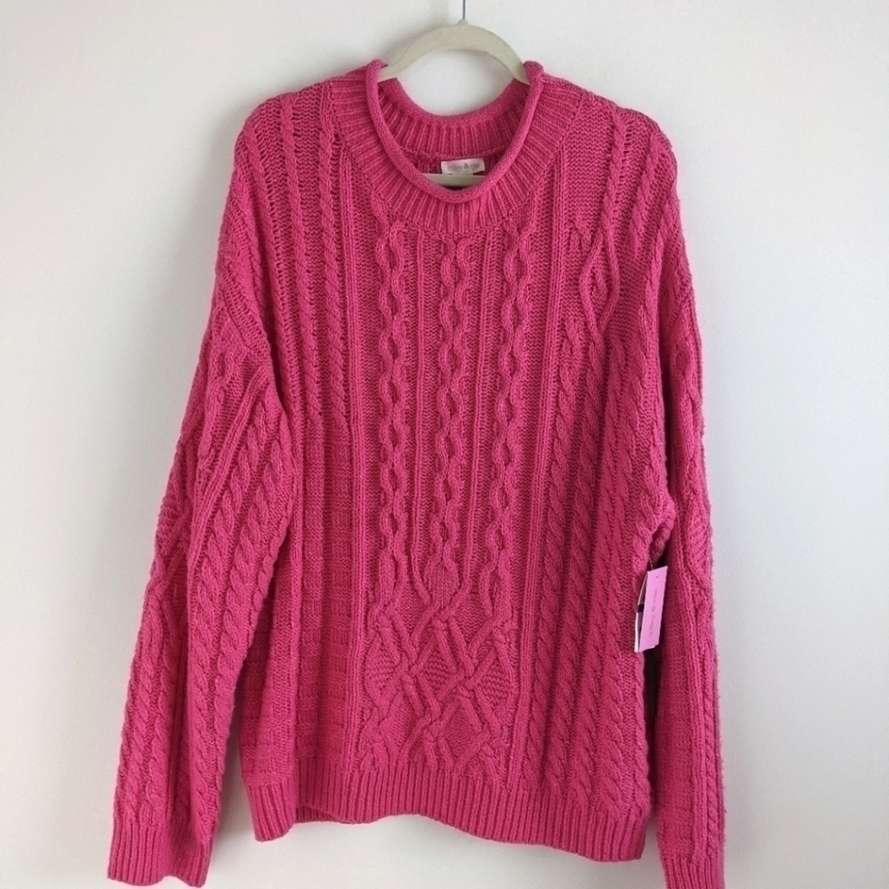 RILEY & Rae Bright Pink Cable Knit Tunic Sweater XXL Barbiecore Spring Plus